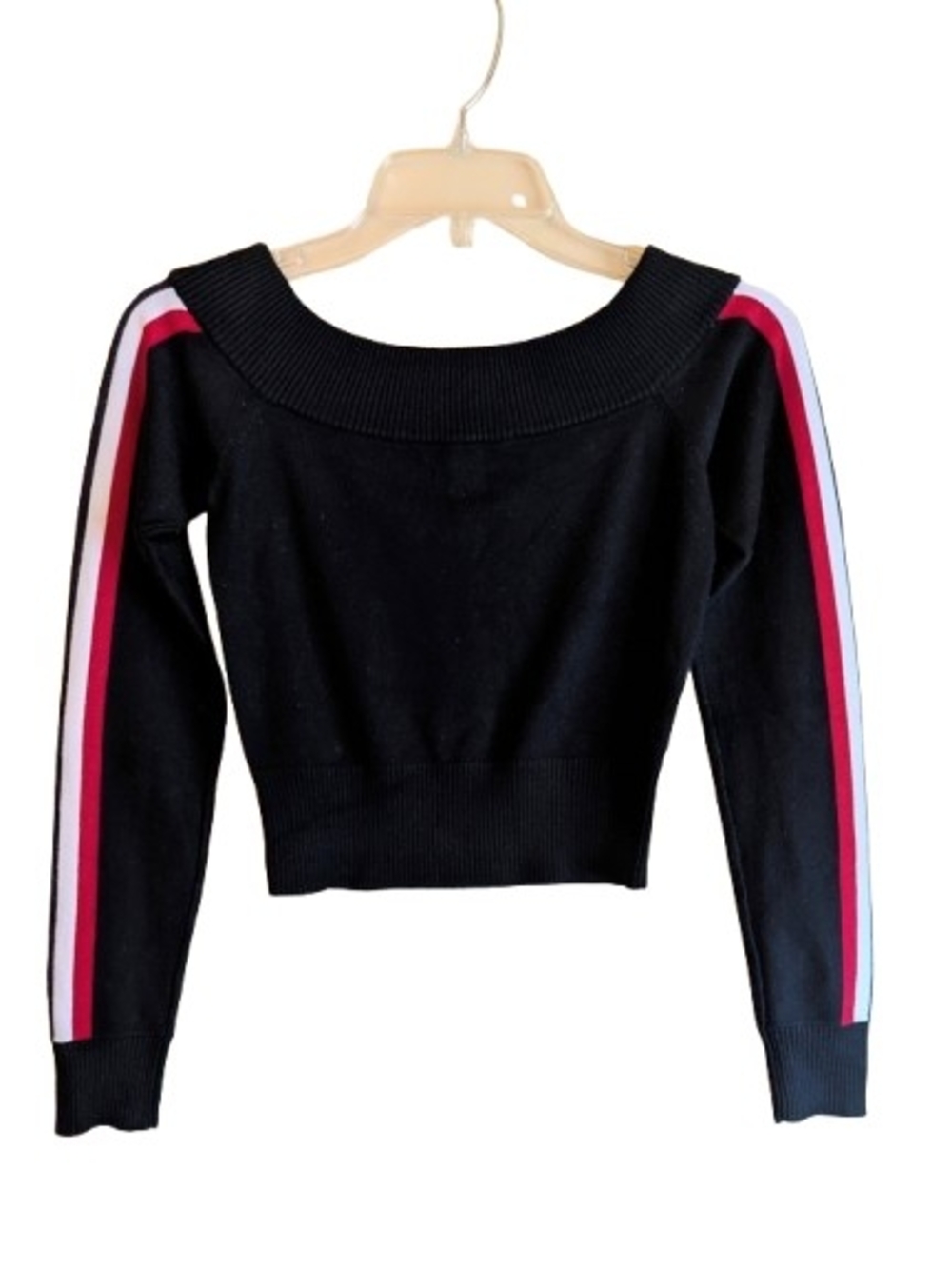 Forever 21 Black Off-Shoulder Sweater Red White Side Stripe Sleeves Cropped